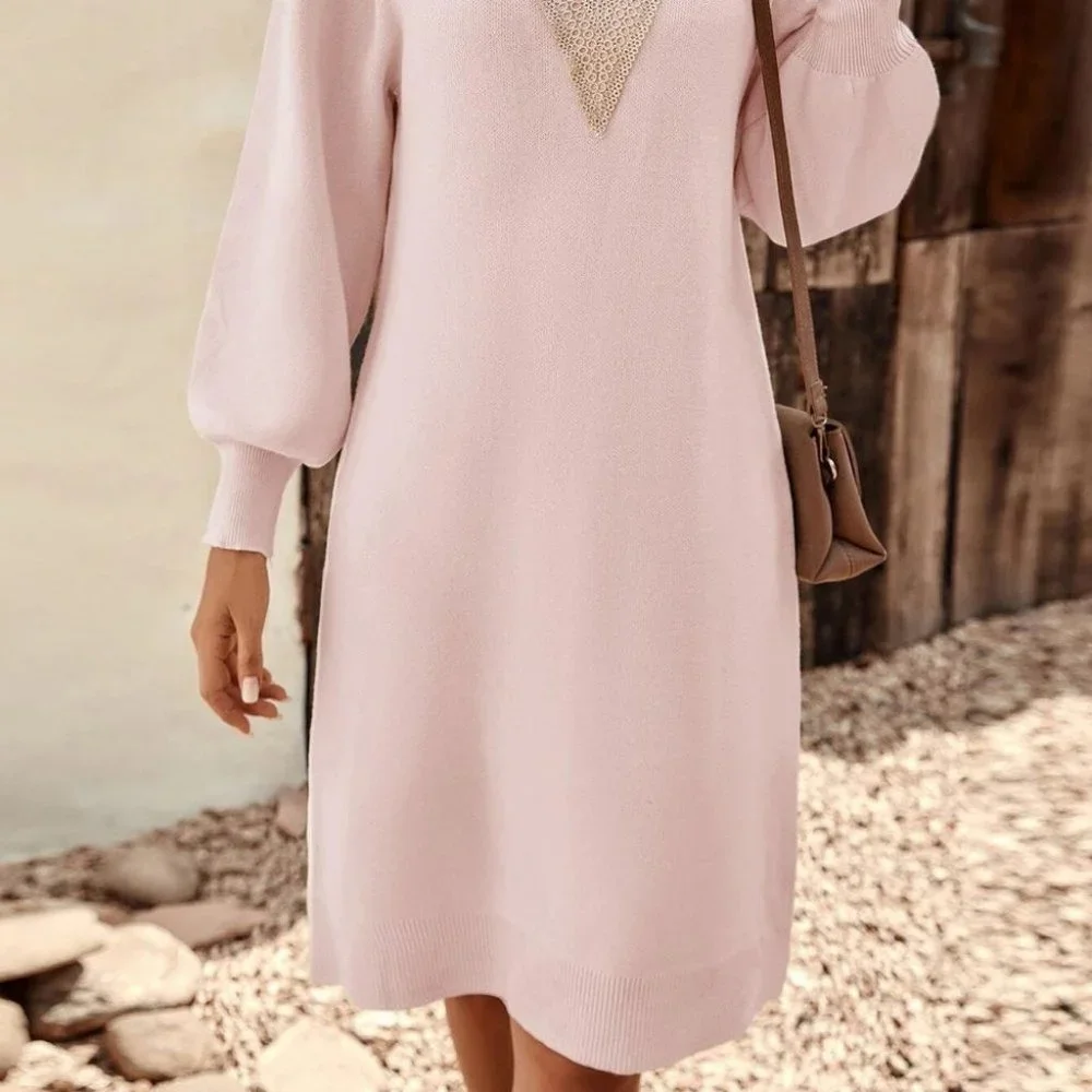Baby Pink Preppy Womens Guipure Lace Insert Lantern Sleeve Sweater Dress - Picture 5 of 5